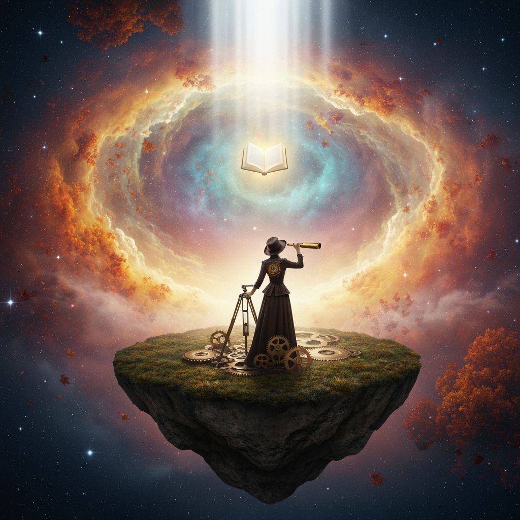 Woman with Telescope Gazes at Glowing Book in Autumn Nebula