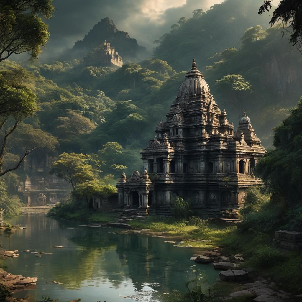 Scenic panorama of old, overgrown Hindu temple against a backdrop of jungle foliage and crystal clear rivers