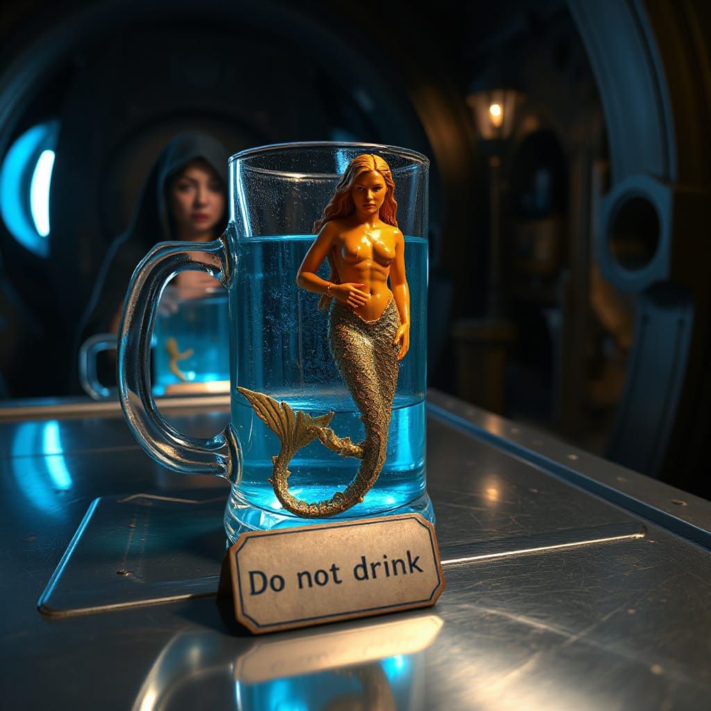 Cyberpunk Witch Observes Glowing Elixir in High-Tech Vault