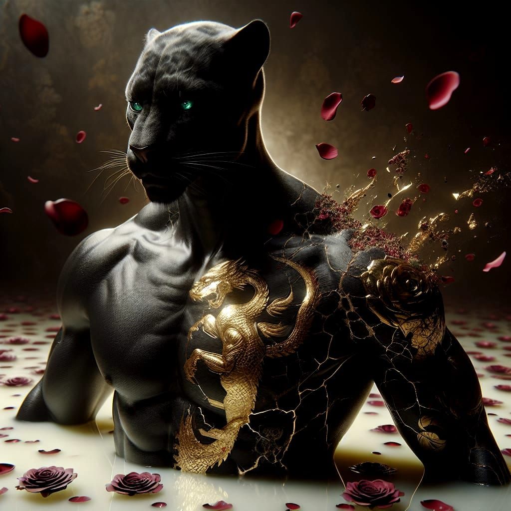 Hyperrealistic Panther-Man with Golden Dragon Tattoo