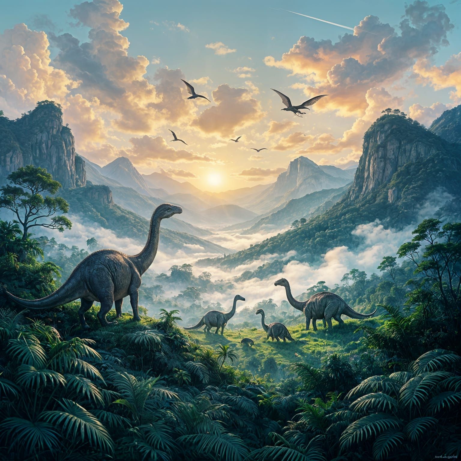Jurassic Valley Scene with Dinosaurs