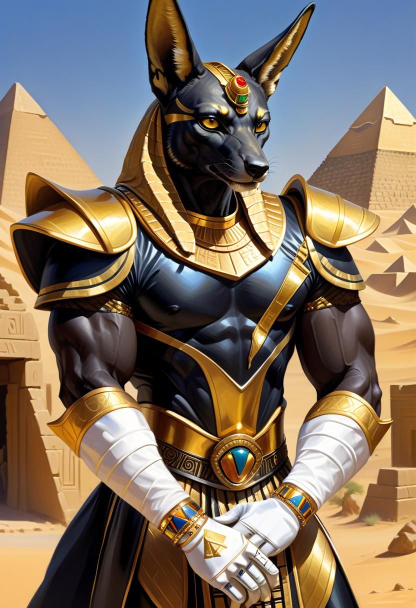 Anubis Pharaoh Power Ranger in Desert City as Oil Painting