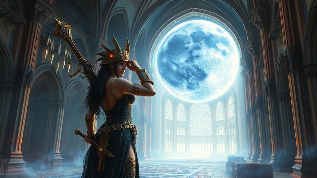 Steampunk Queen in Mystical Cathedral During Lunar Eclipse