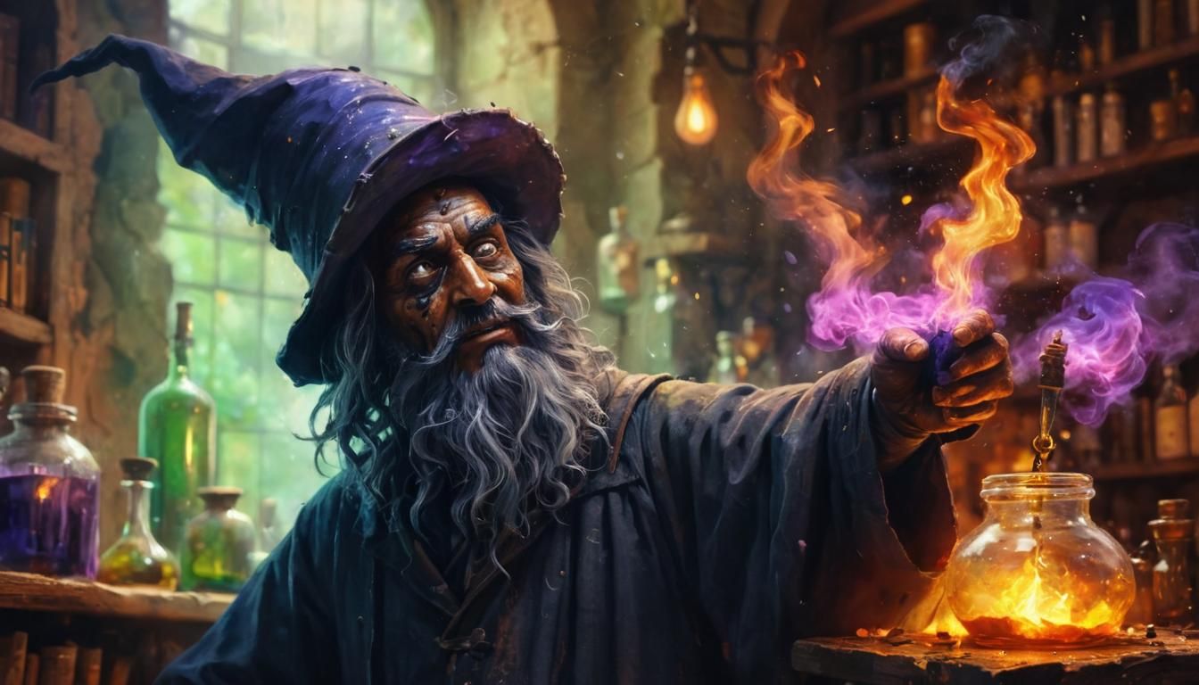 Clumsy Wizard's Potion Mishap in Oil Paint Style