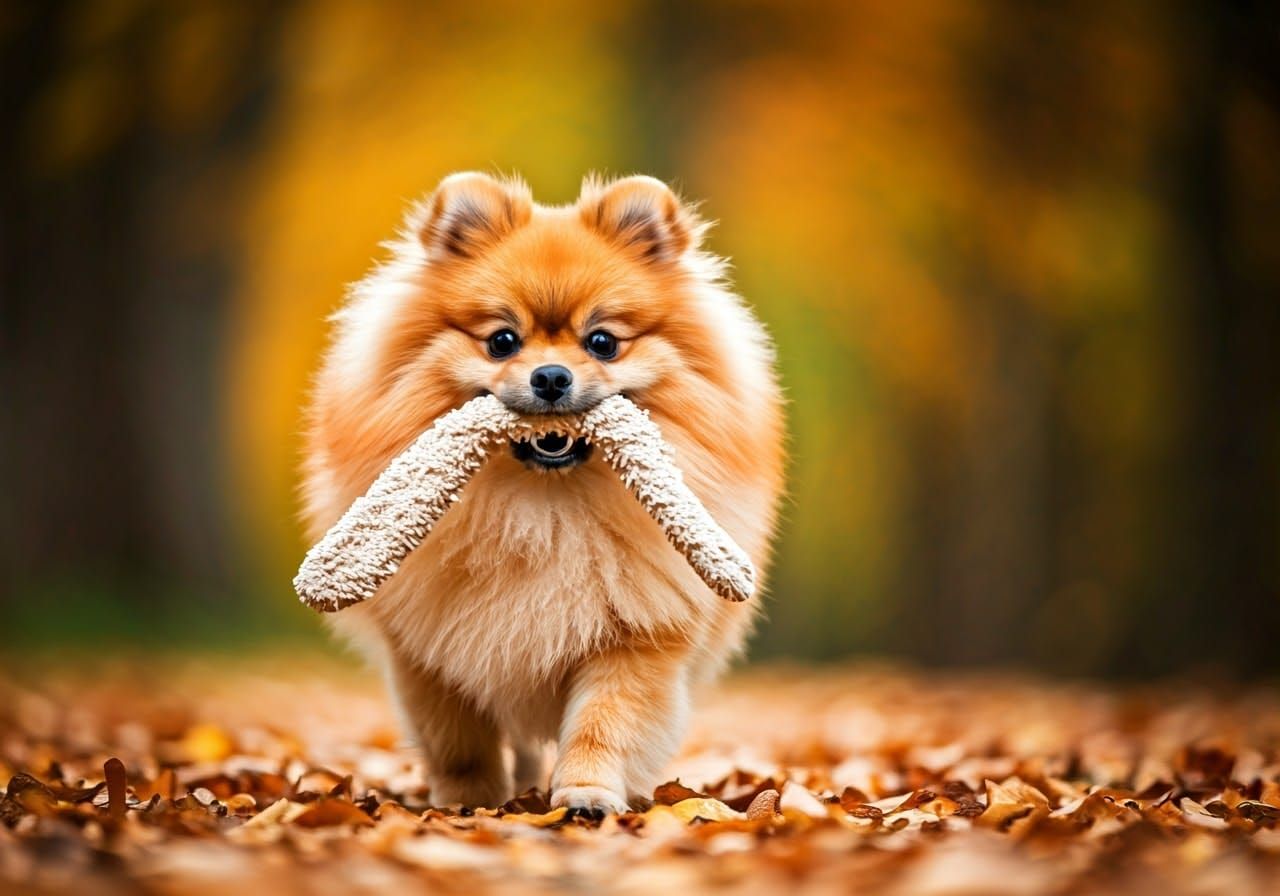 Joyful Pomeranian with Toy in Autumn Light