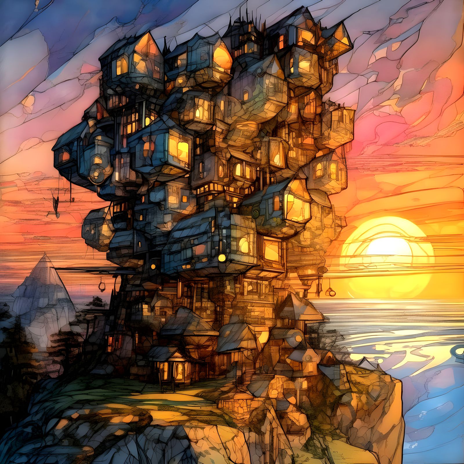 Sunset, House, iridescent weird futuristic architecture, Cubes hanging at crazy angles, intricate details, by arthur...