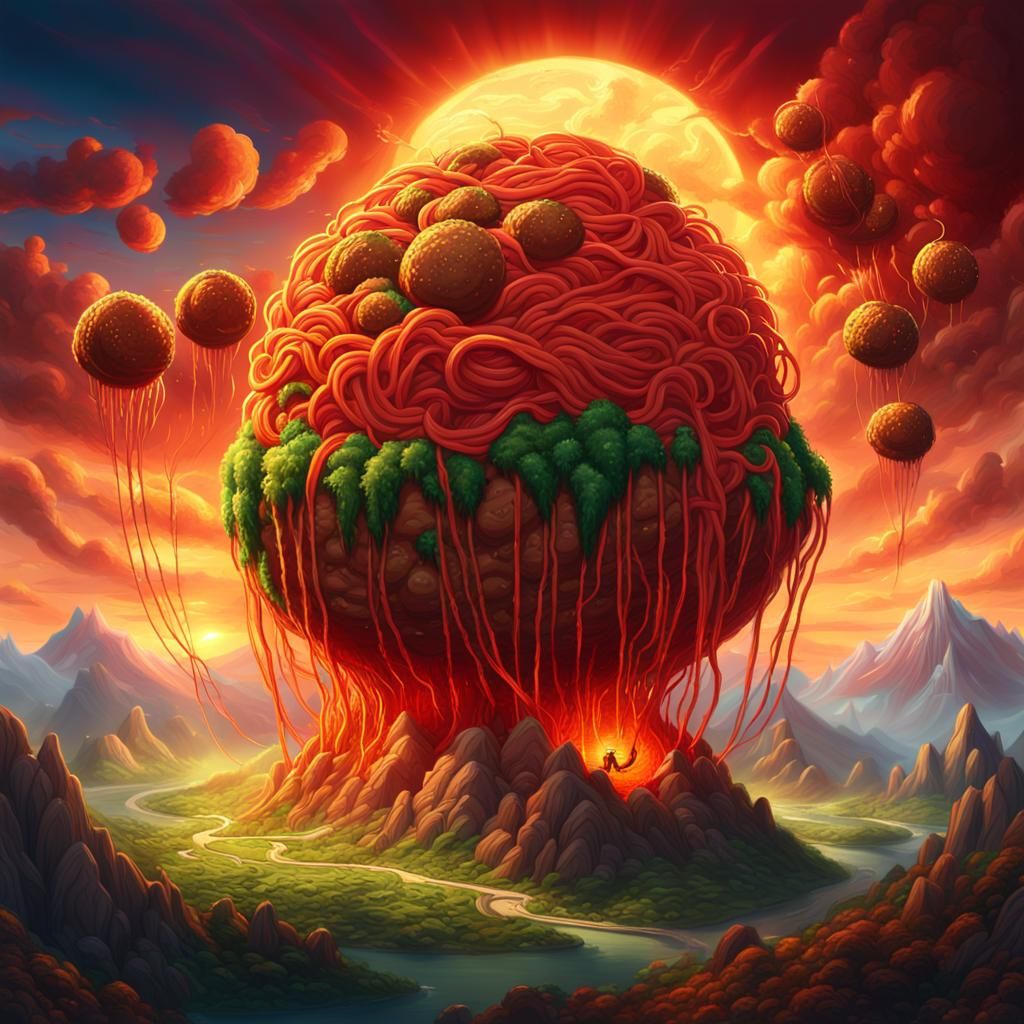 Epic Spaghetti Meatball Mountain Fantasy Art