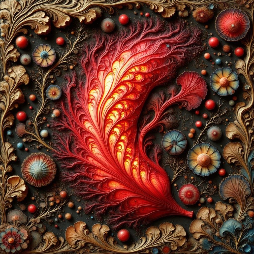 Vibrant Red Banana in Ornate Chinese Carved Wooden Frame