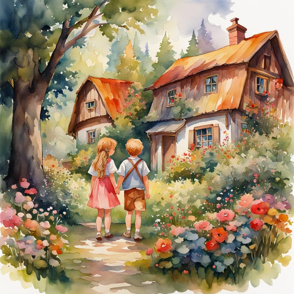 Cottagecore Siblings in Watercolor Garden