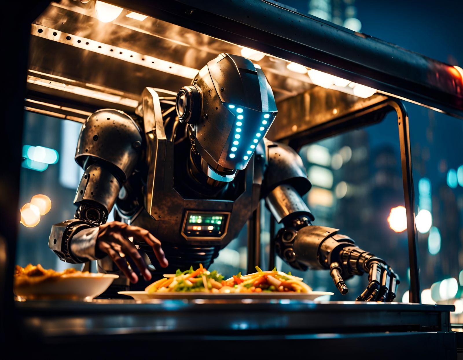 Cyberpunk Robot Server at Food Truck Window