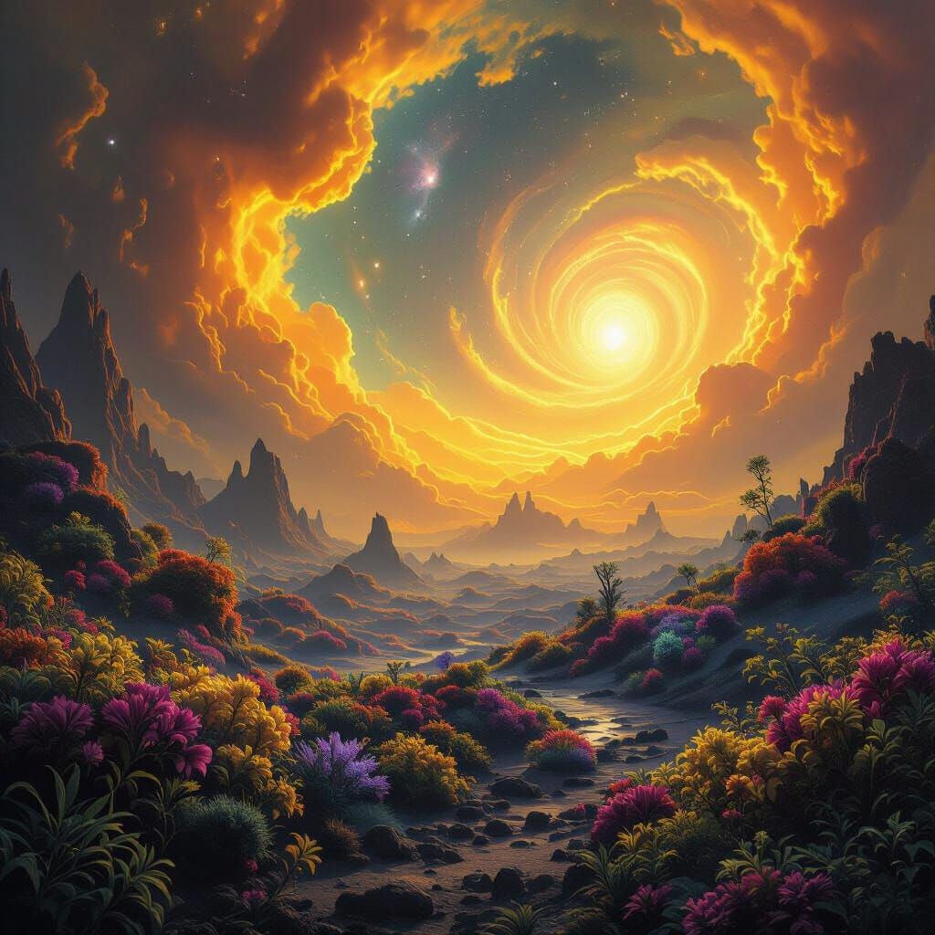 Alien Planet Flora Under Cosmic Sky
