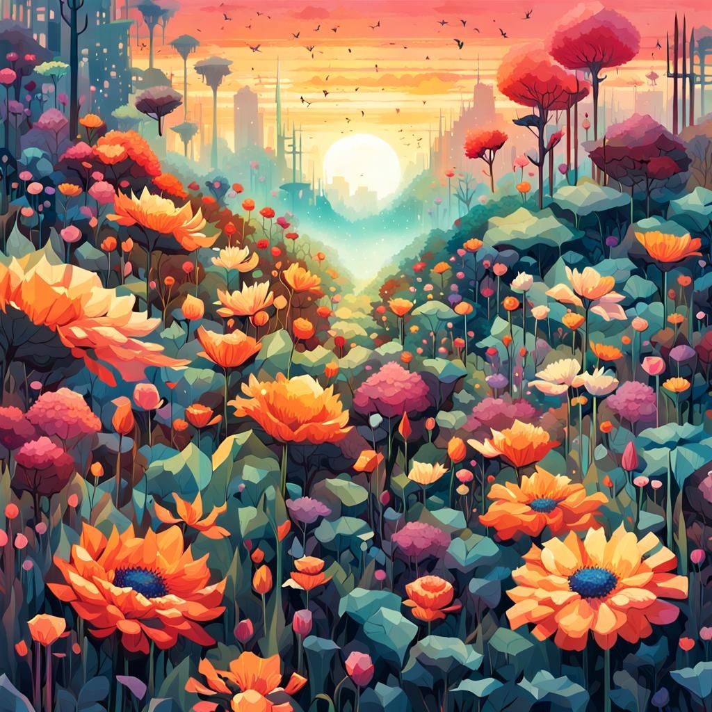 Pixelated Sunrise Over Apocalyptic Flower Garden