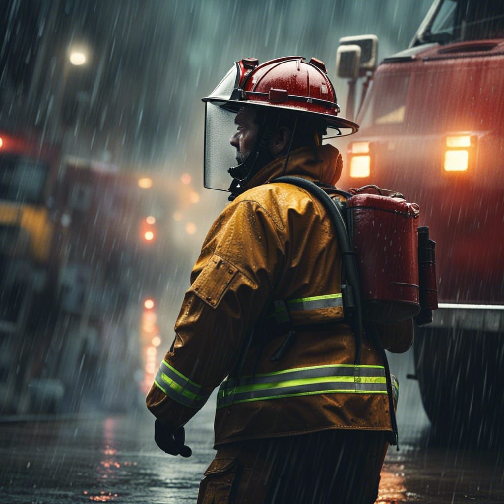 Firefighter in Rain: Dramatic Digital Matte Painting
