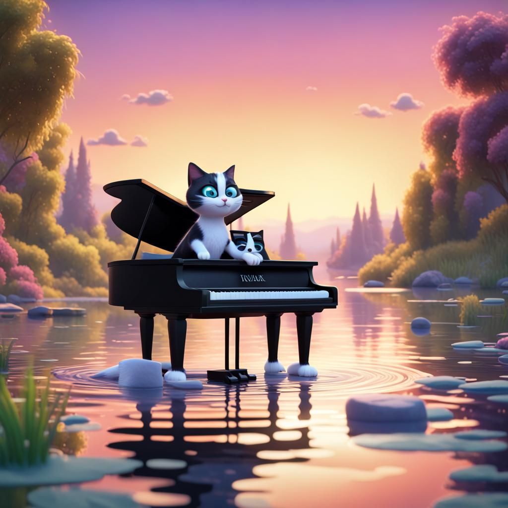 Cat Playing Piano in Lake, Pixar Style