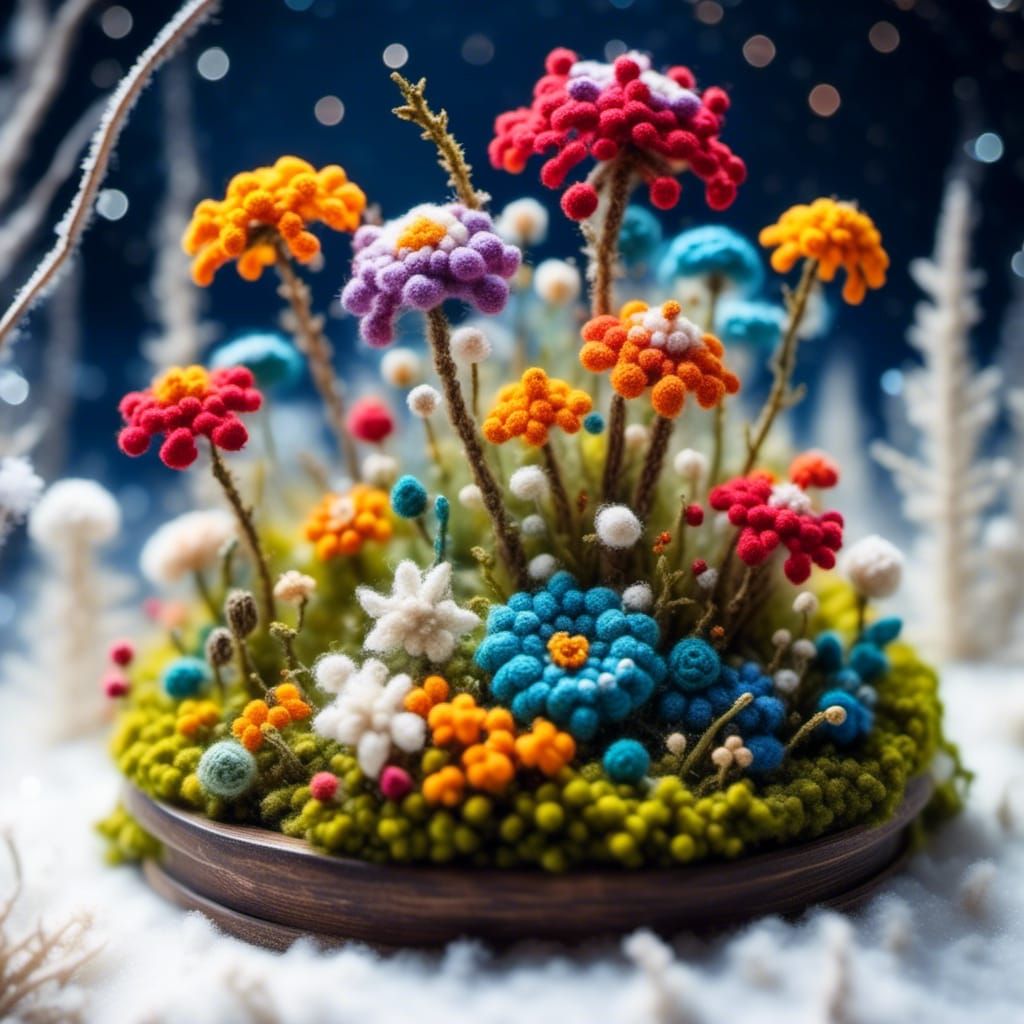 Miniature Flowers in Winter with Volumetric Lighting