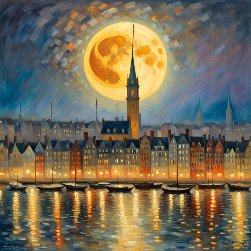 Night Cityscape with Golden Moon, Impressionistic Style