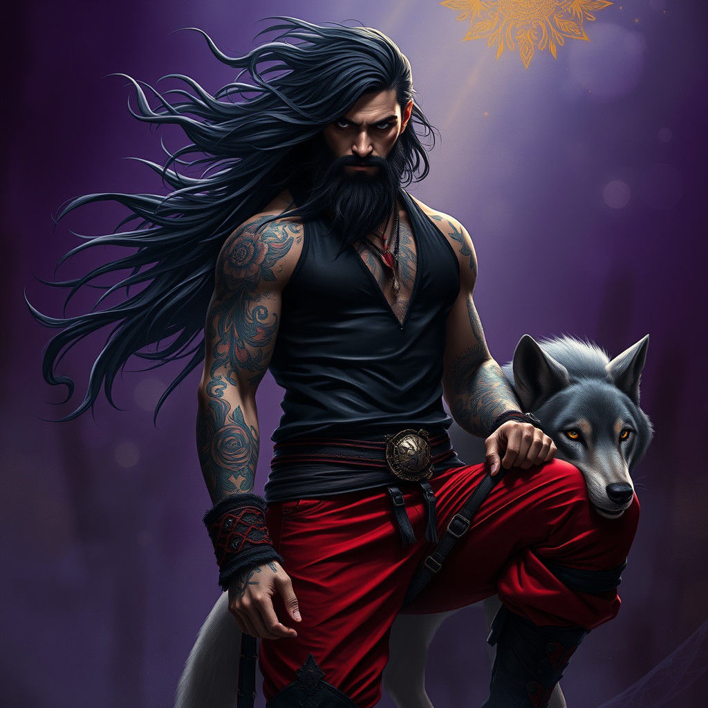 Dark Fantasy Man with Wolf in Volumetric Lighting