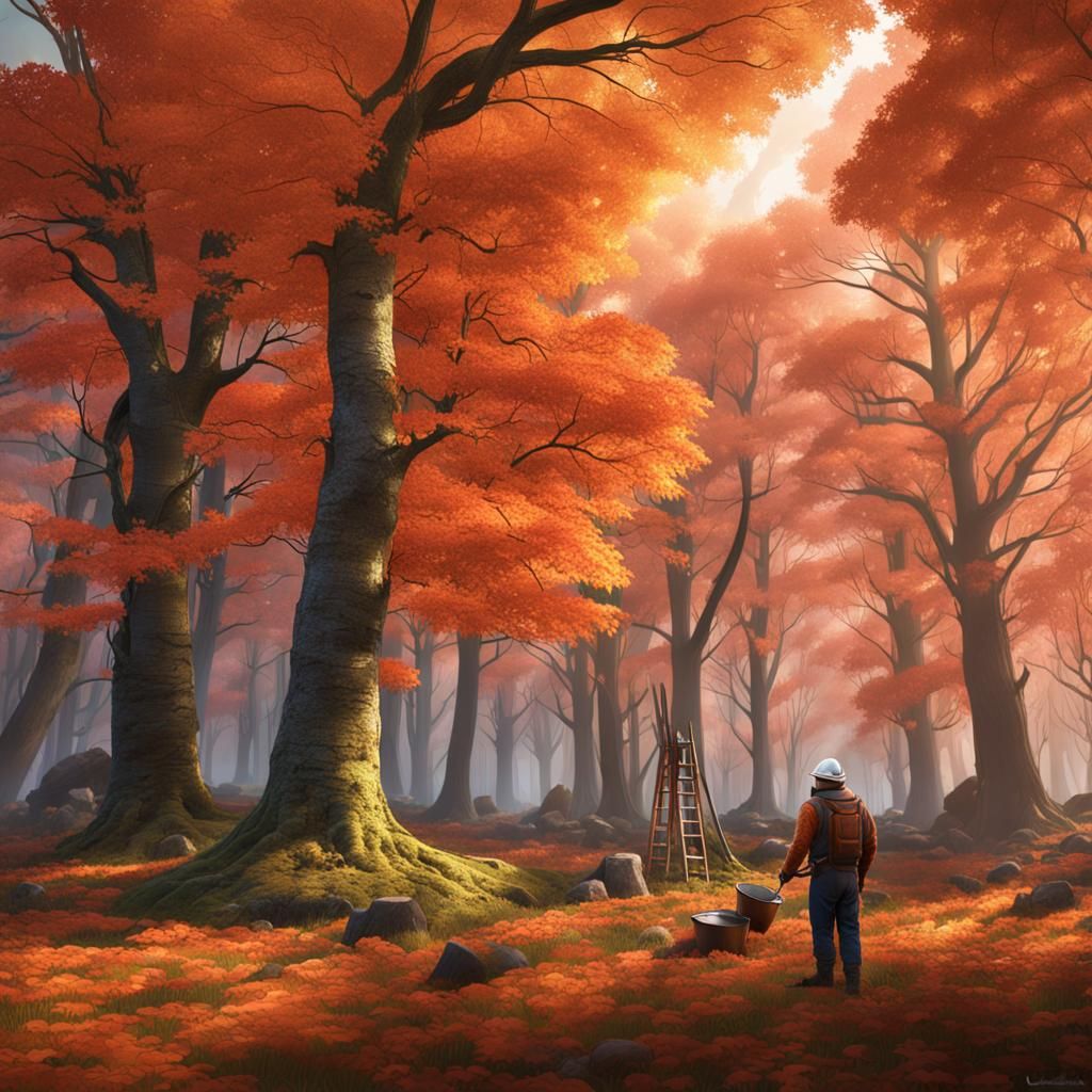 Maple Tree Forest: Springtime Sap Gathering in Matte Paintin...