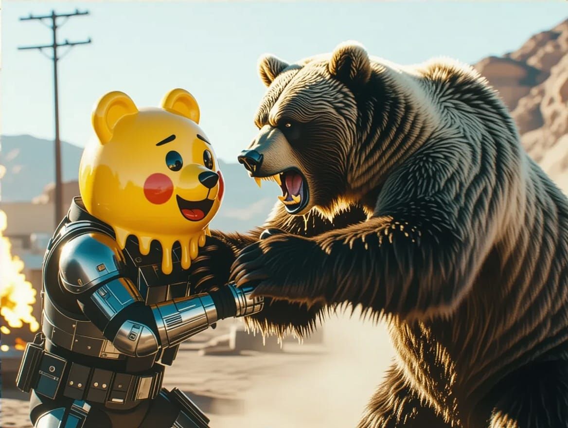 Cinematic Bear Emoji Man Wrestling in Epic Film Still