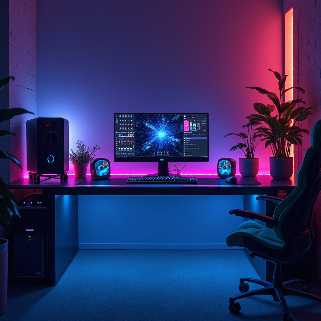 Vibrant RGB Gaming Setup in Futuristic Neon Style