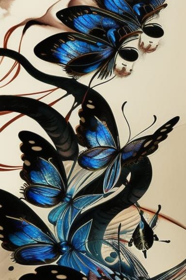 Geisha with Ink and Butterflies: Gouache Painting