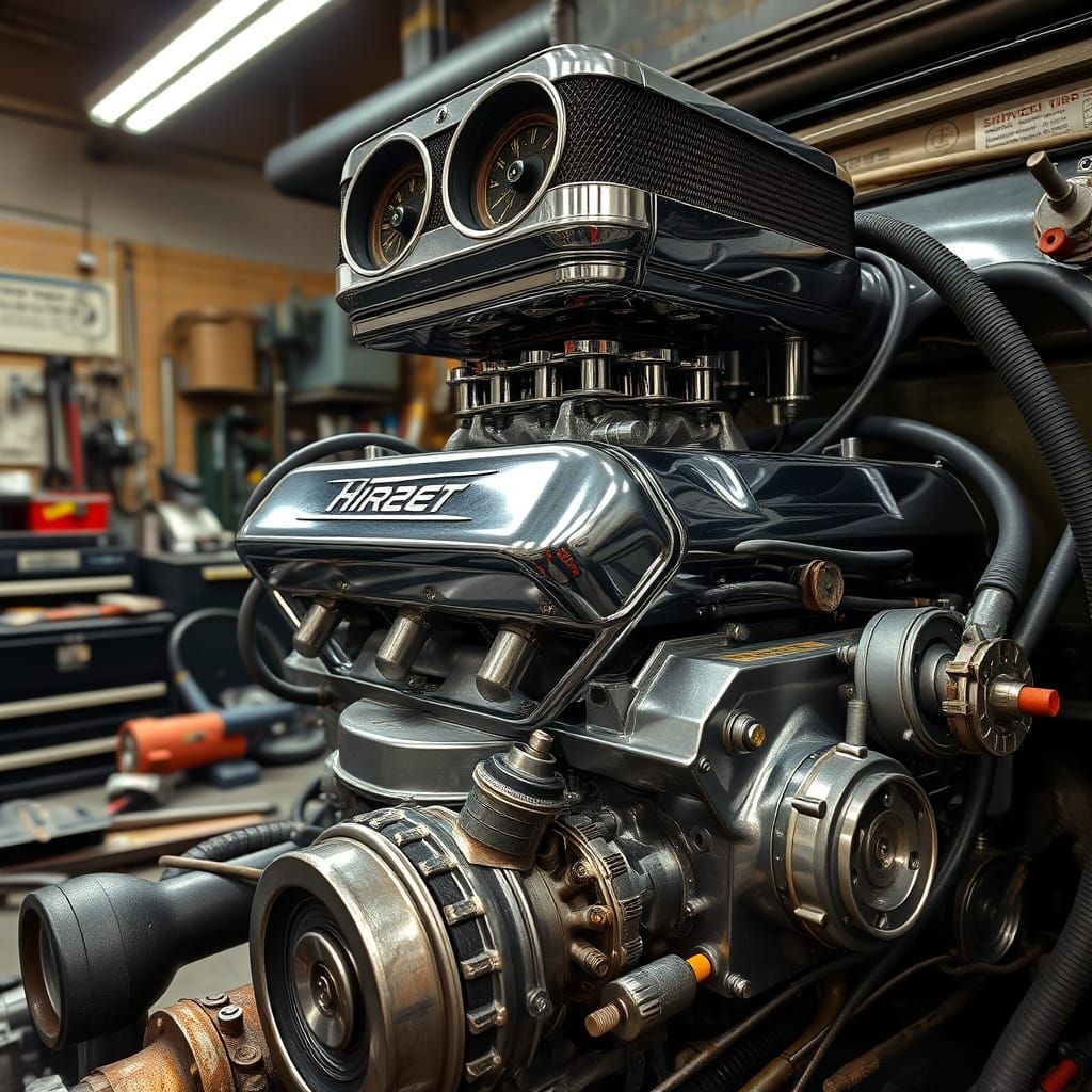 A meticulously detailed close-up of a classic V8 engine, chr...