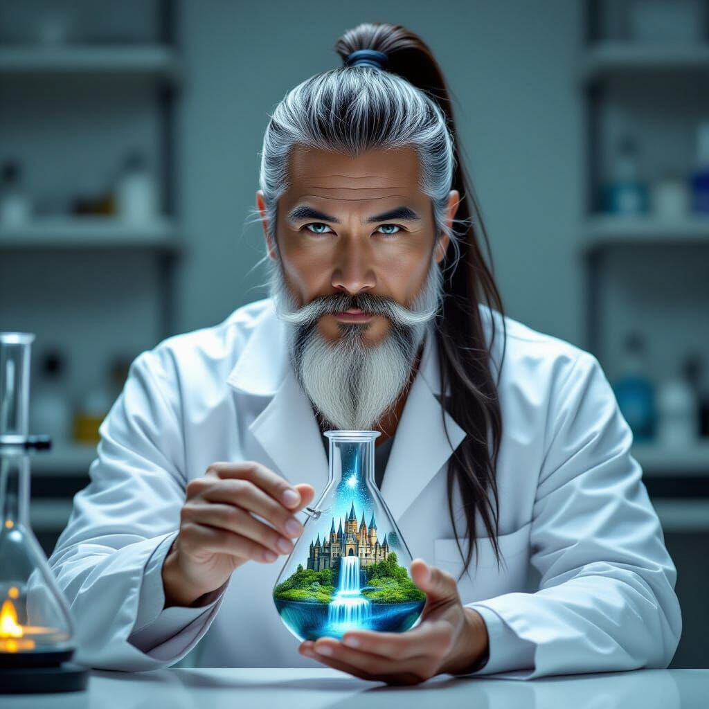 Thai Scientist with Waterfall Castle, Sci-Fi Fantasy Art