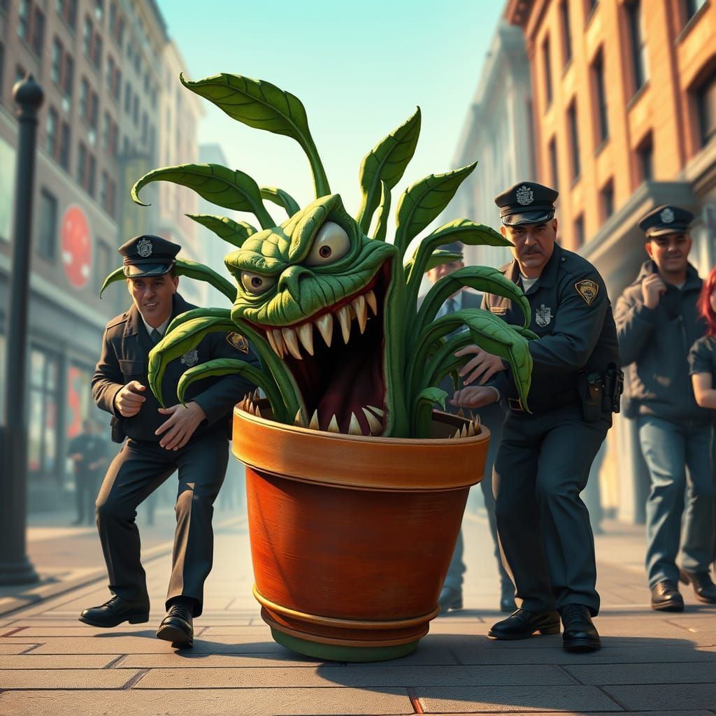 Evil Potted Plant Chased by City Police in Edward Gorey Styl...