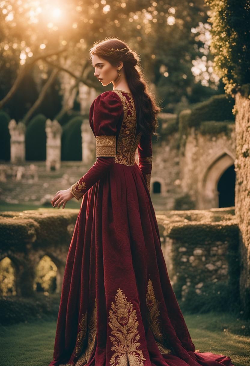 Brunette Lady in Medieval Castle Garden