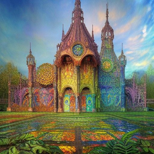 Psychedelic Castle Greenhouse with Holographic Stained Glass
