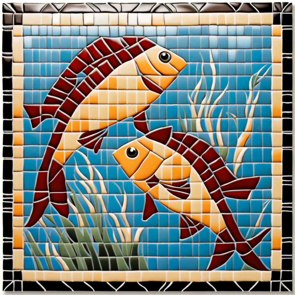 Tile Mosaic Image of Fish Playing Chess