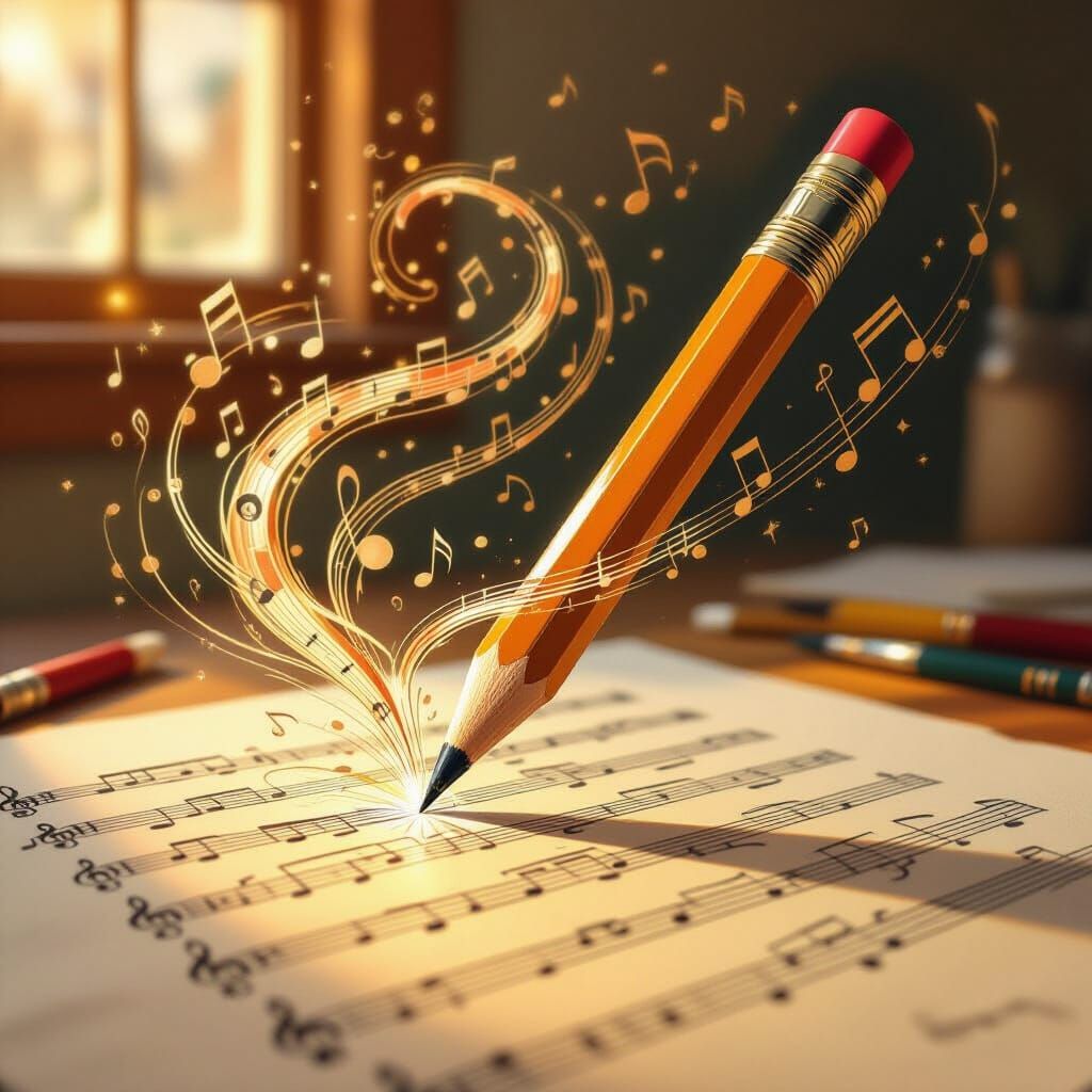 Oil Painting of Pencil Transforming into Piano Music