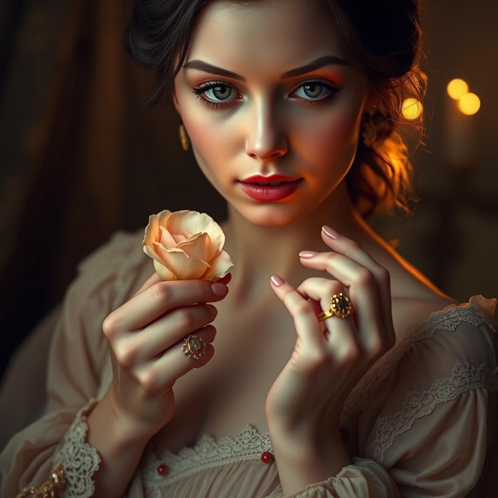 Woman Touching Rose Petal in Pre-Raphaelite Style