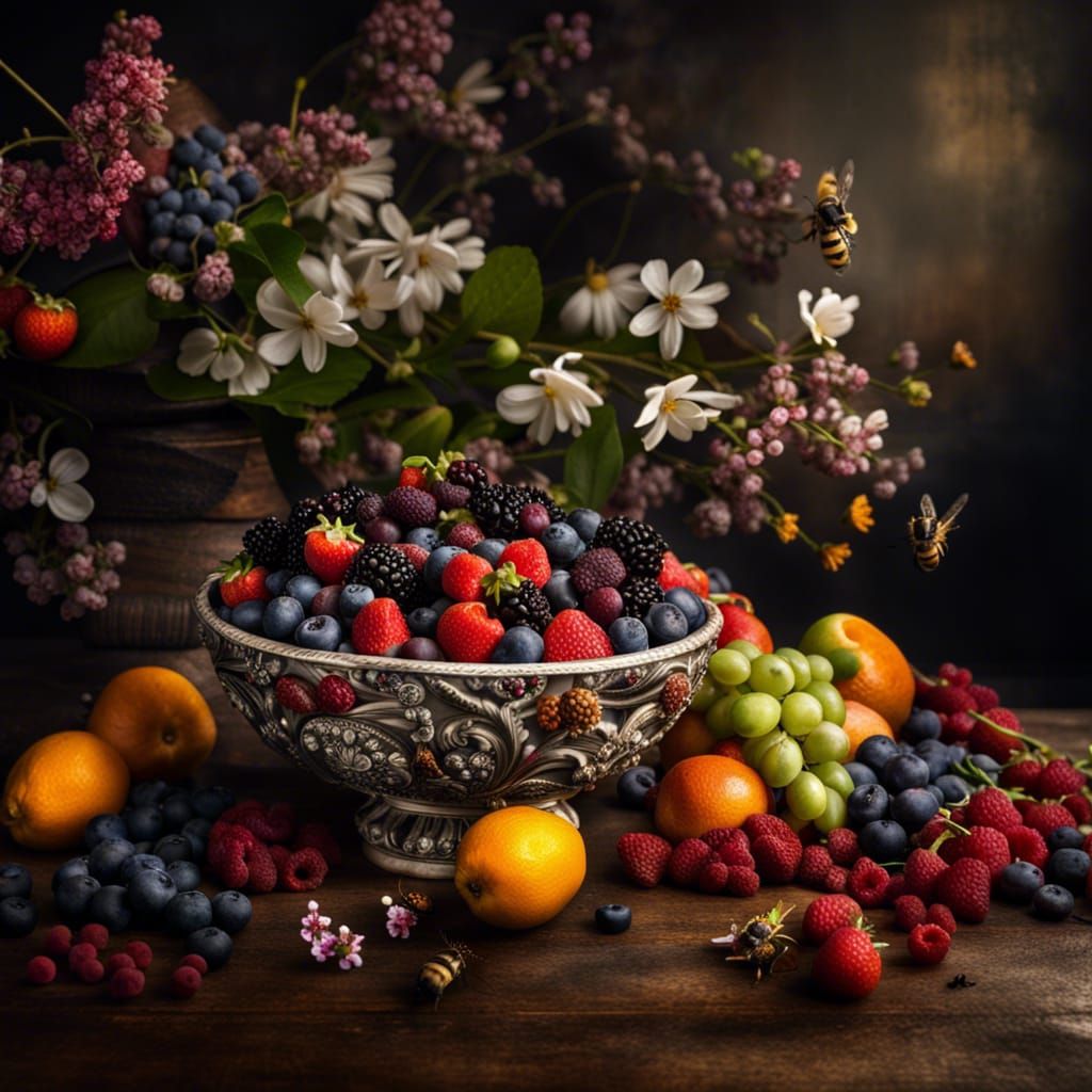 Hyperrealistic Fruit Bowl Still Life with Bees