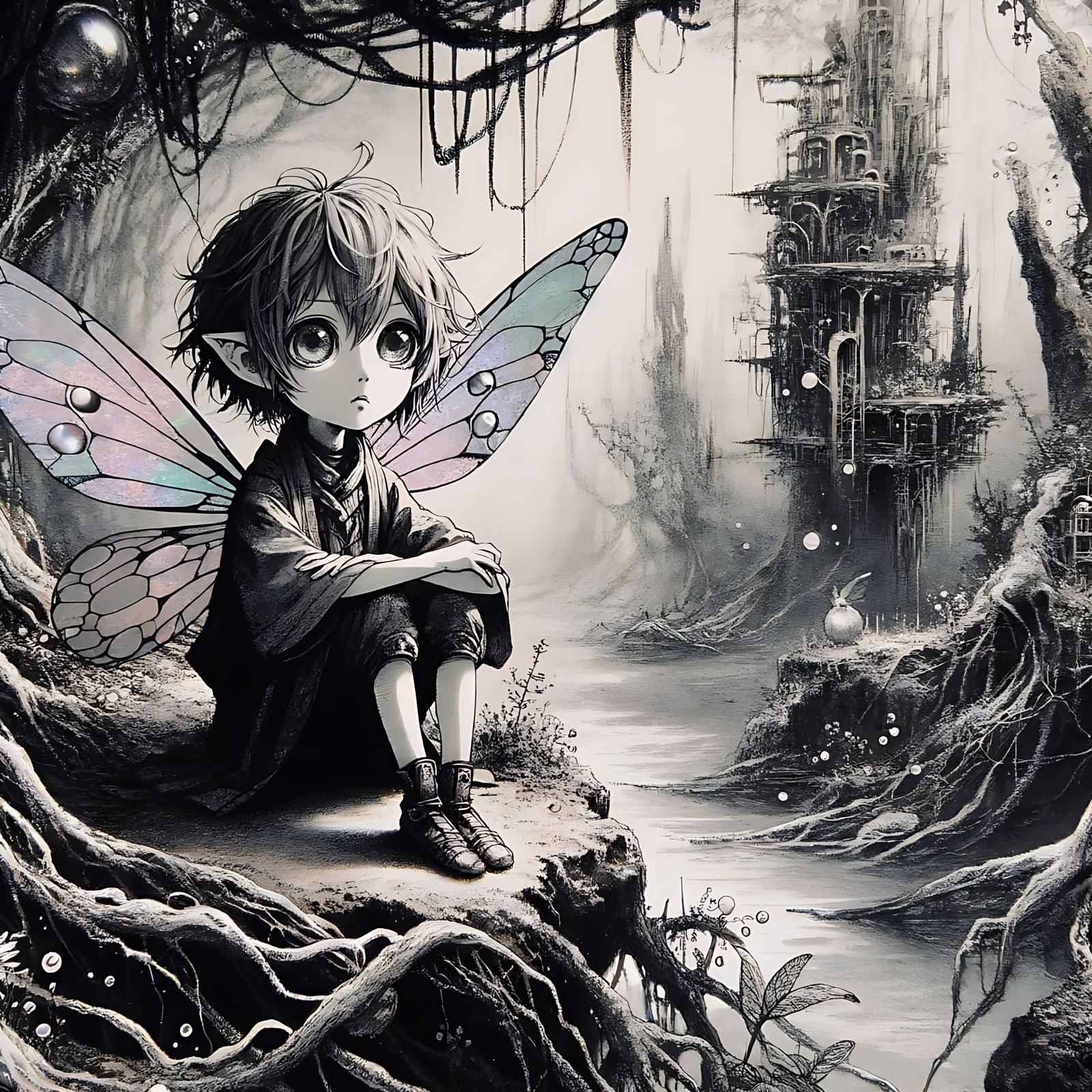 An anime fairy with large, expressive eyes sits sad and lone...