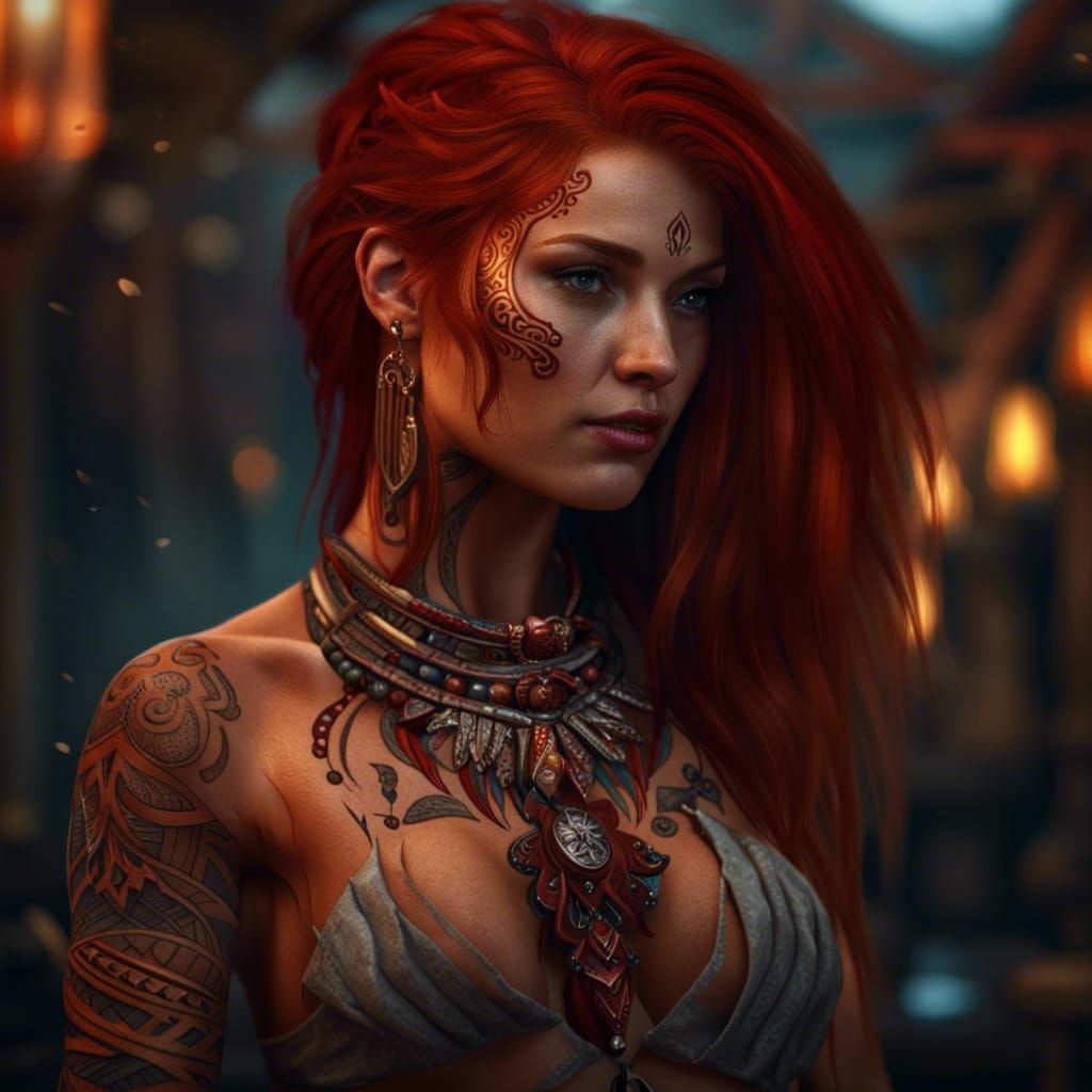 Redhead Woman with Tribal Tattoo: Fantasy Art