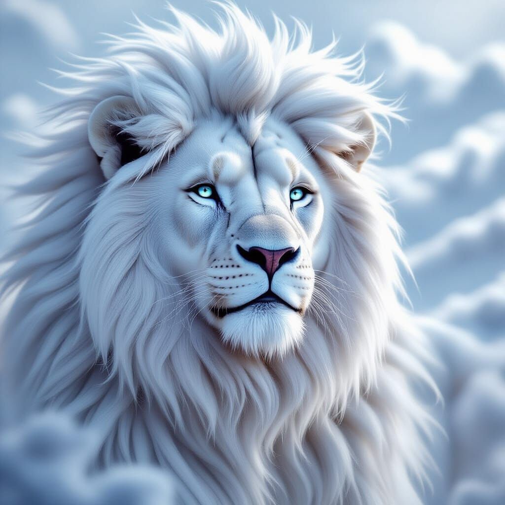 Majestic White Lion with Flowing Mane in Cosmic Style