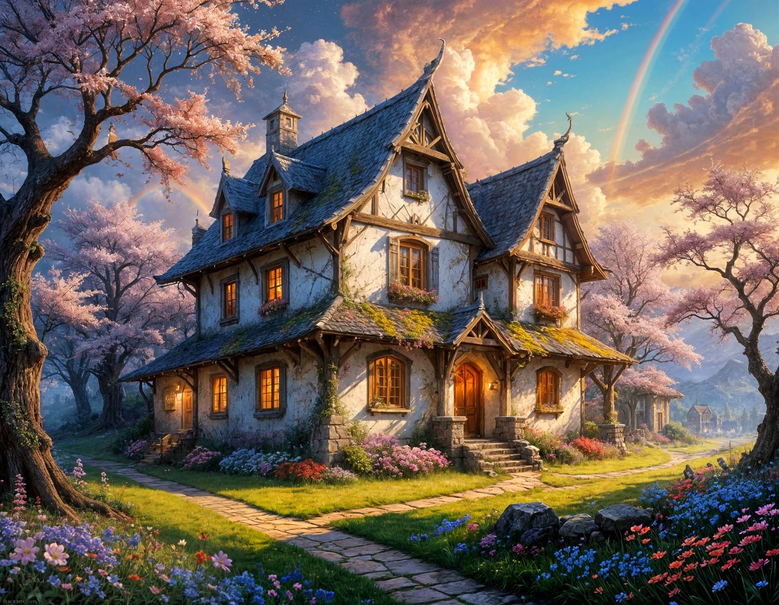 Whimsical Medieval House Among Cherry Blossoms