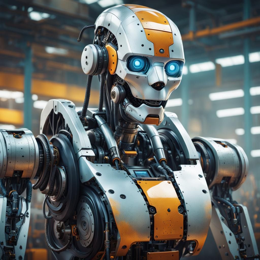 Hyperrealistic Anthropomorphic Robot in Factory: Concept Art