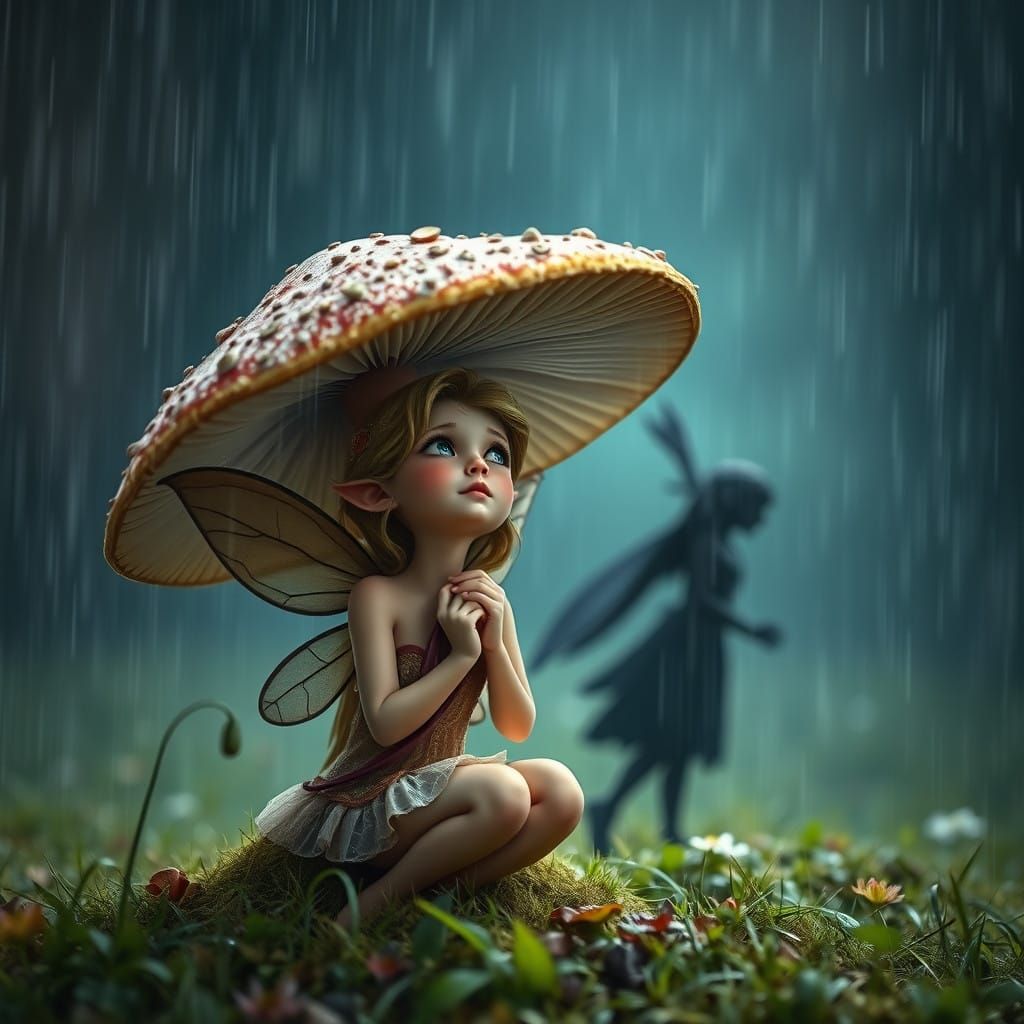 A Delicate Fairy Finds Solace Under a Vibrant Mushroom