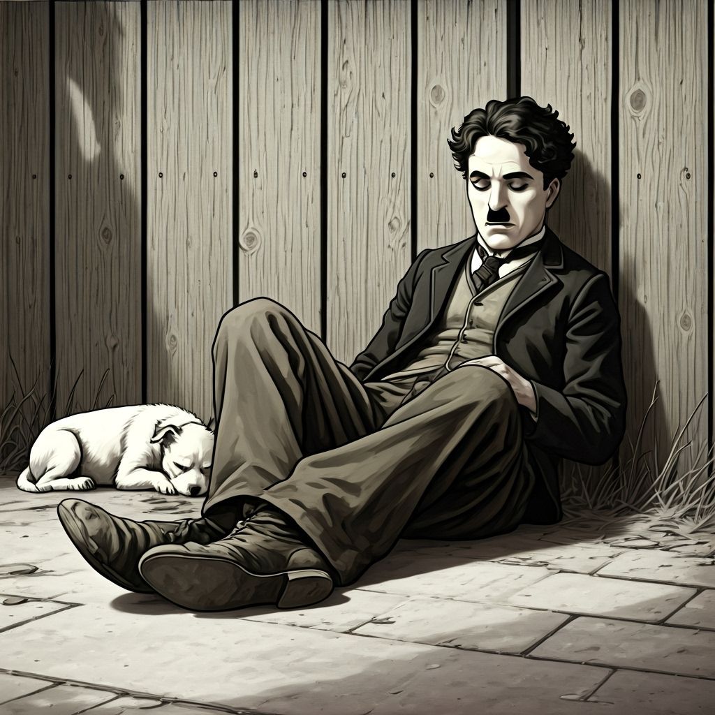 Charlie Chaplin Rests with Dog in Comic Style