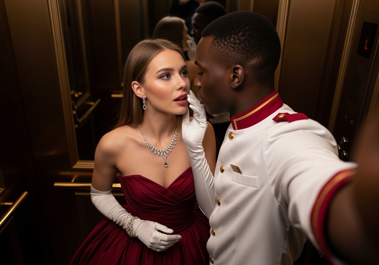 Romantic Moment in a Lift: Countess and Bellboy
