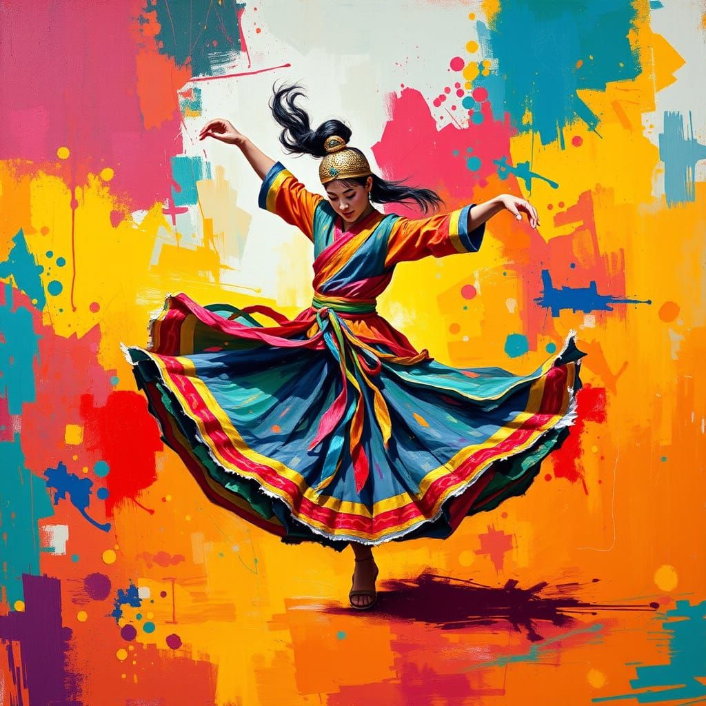 Mongolian Dancer in Abstract Expressionist Style