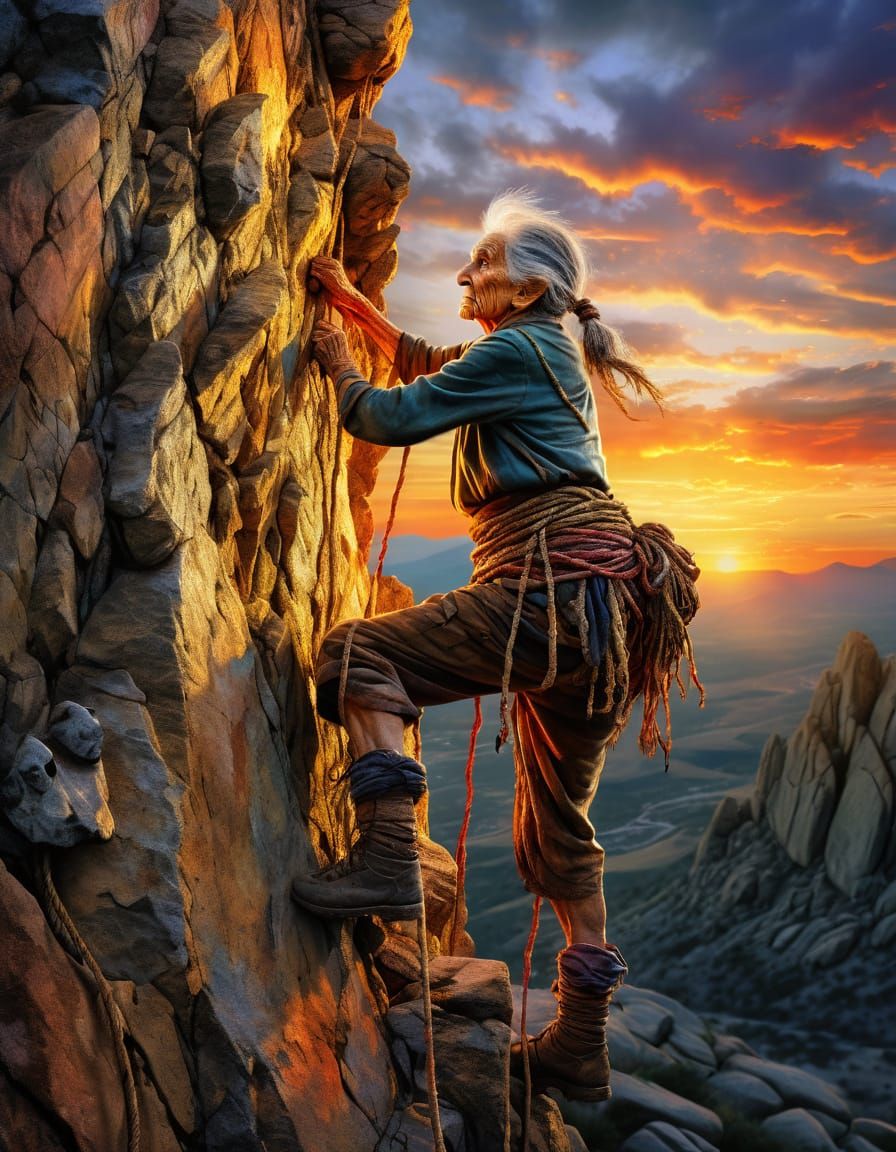 Woman Climbing Mountain in Vivid Mixed Media Style
