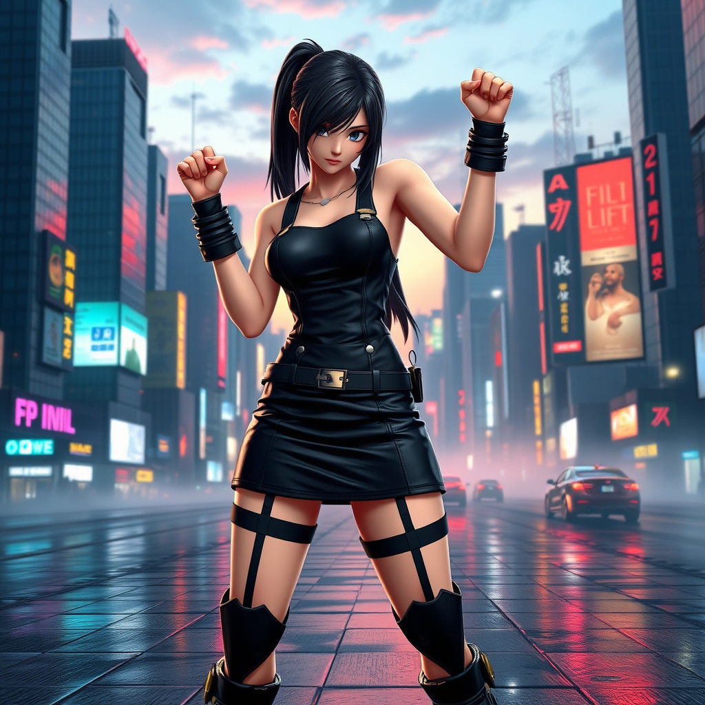 Tifa Lockhart in Futuristic Cityscape, Digital Art