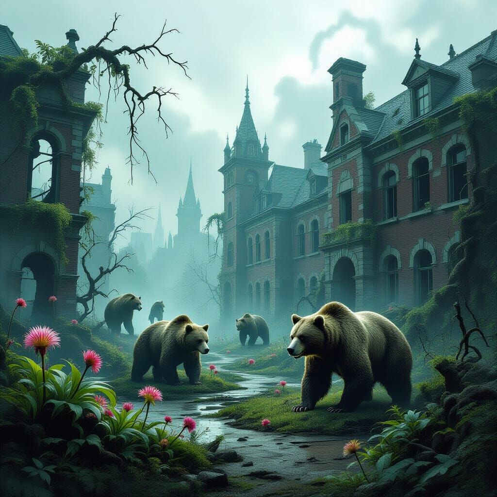 University Campus Reclaimed by Nature: Dark Fantasy Illustra...