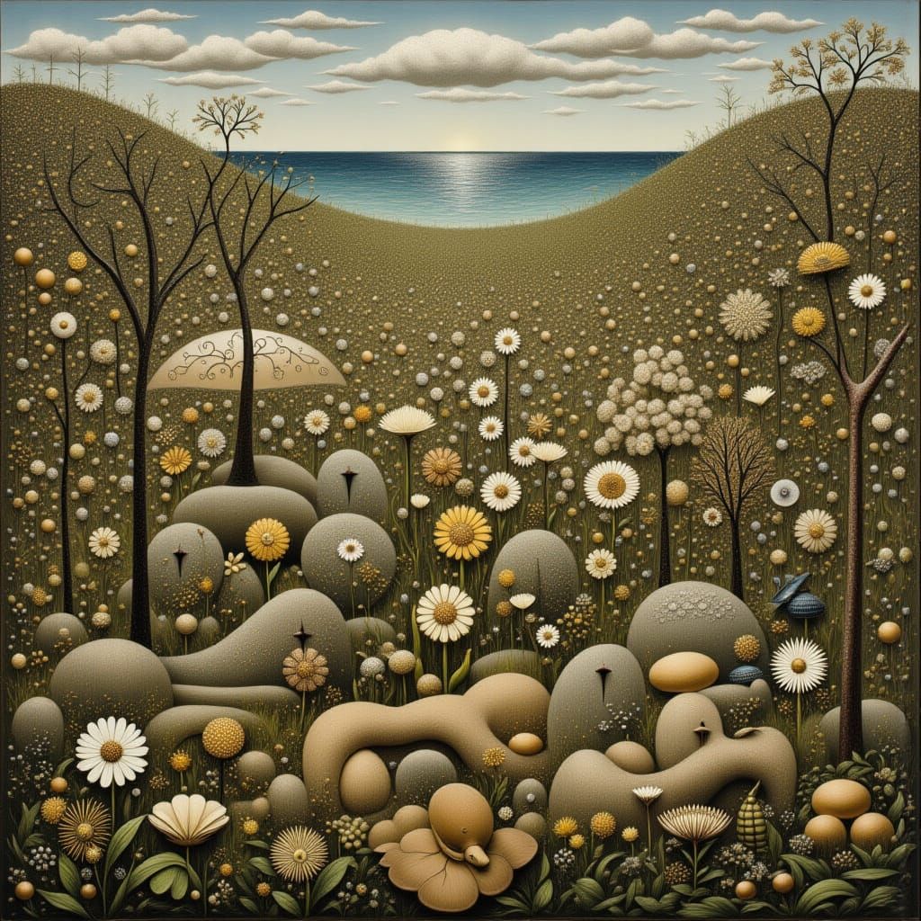 Surreal Shadowy Beach Scene with Whimsical Elements