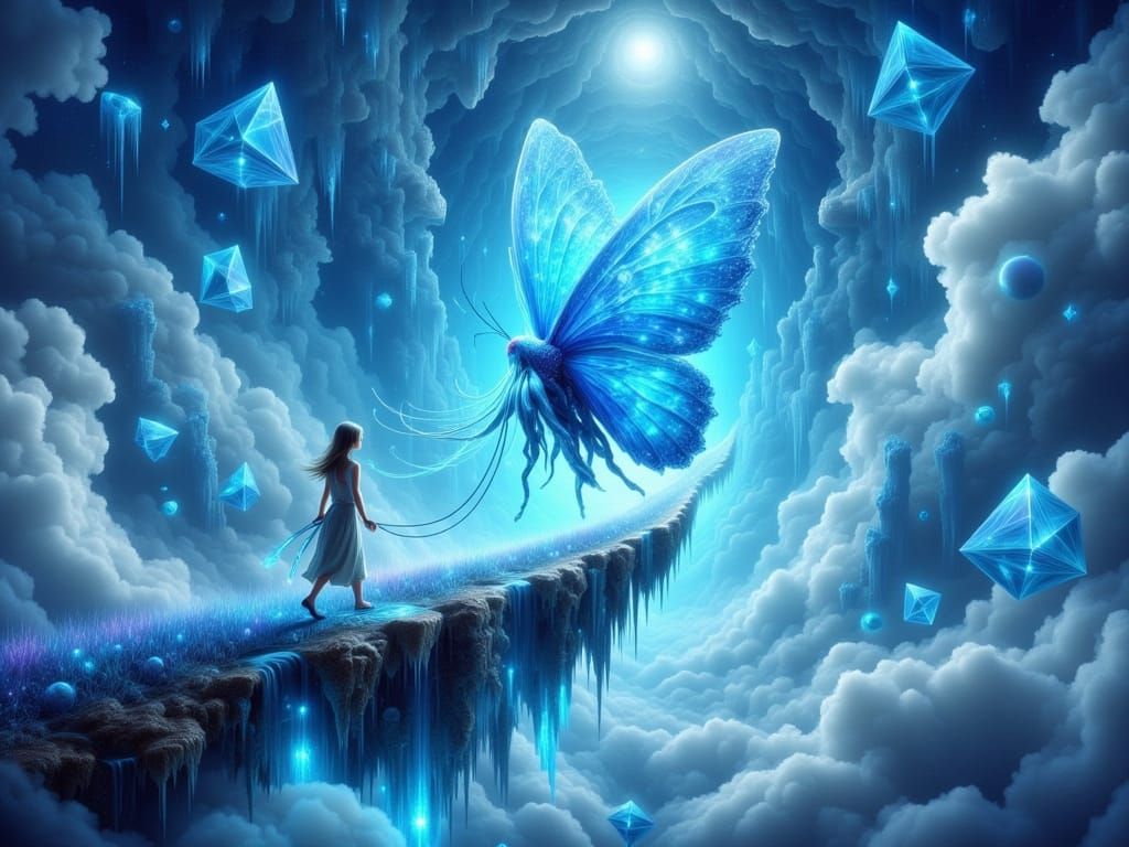 Surreal Floating Island with Crystal Octopus-Butterfly