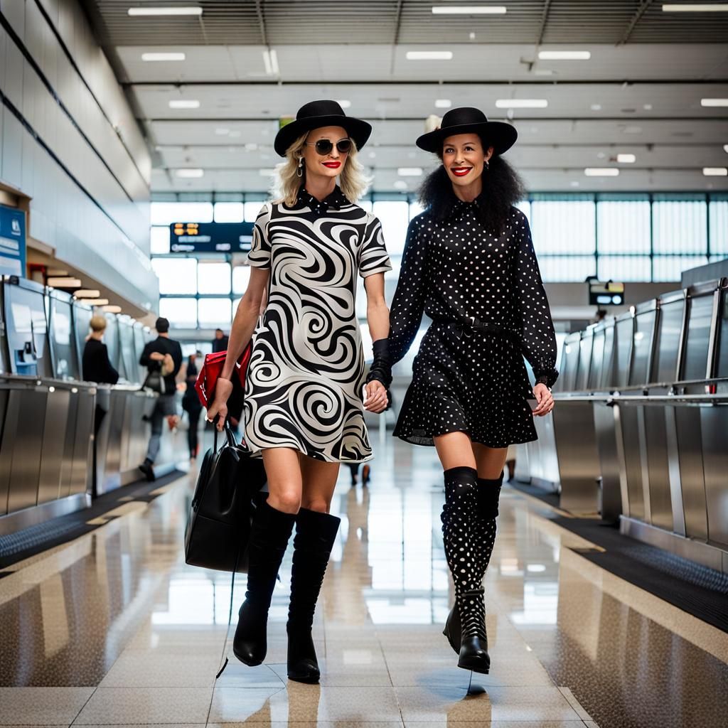 Feminine Figures in Swirly Dresses at Airport