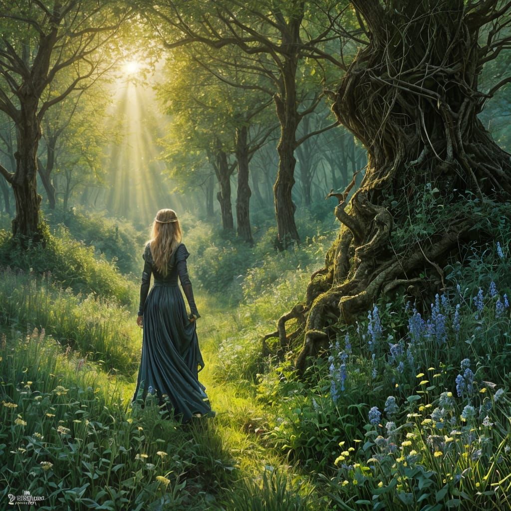 Freya in Gothic Forest, Gustave Doré Style